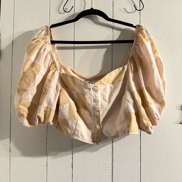 Anthropologie Beige and Tan Women's crop top puffer sleeve - Picture 1 of 5
